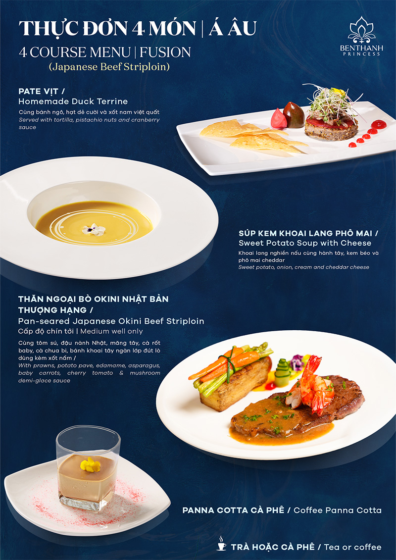 Thực đơn Á - Âu 4 món (thăn ngoại bò Nhật thượng hạng)