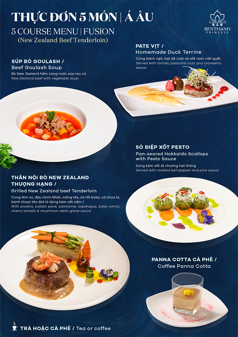 Thực đơn Á - Âu 5 món (thăn nội bò New Zealand thượng hạng)