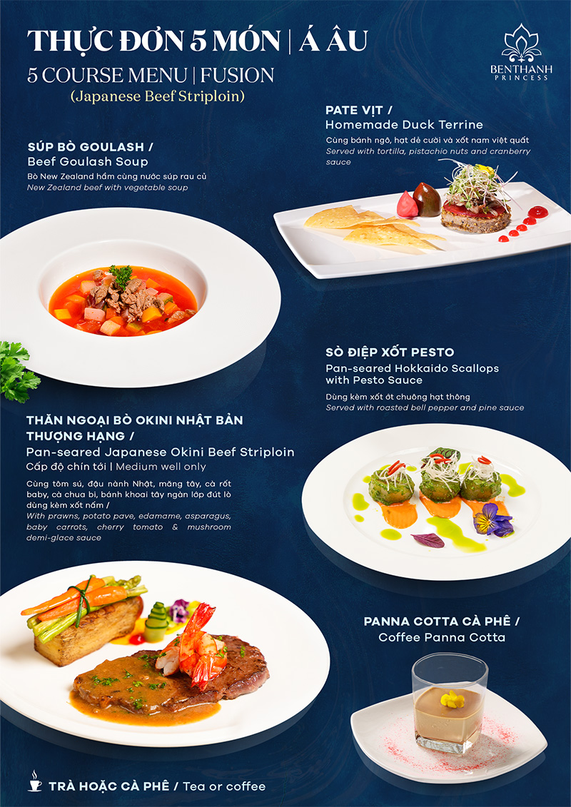 Thực đơn Á - Âu 5 món (thăn ngoại bò Nhật thượng hạng)