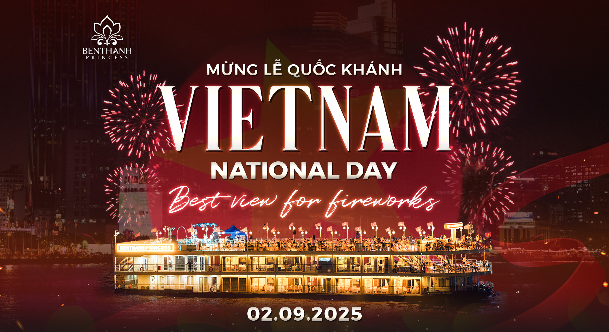 Ngắm pháo hoa mừng Lễ Quốc Khánh 2/9 – Trải nghiệm dạ tiệc sang trọng trên du thuyền Benthanh Princess